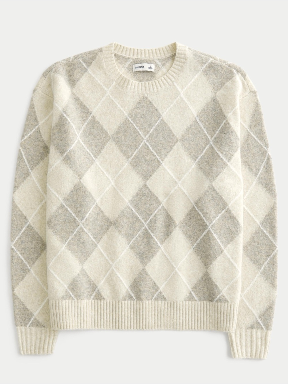 Hollister Cream and Light Gray Argyle Crewneck Grandpa Sweater